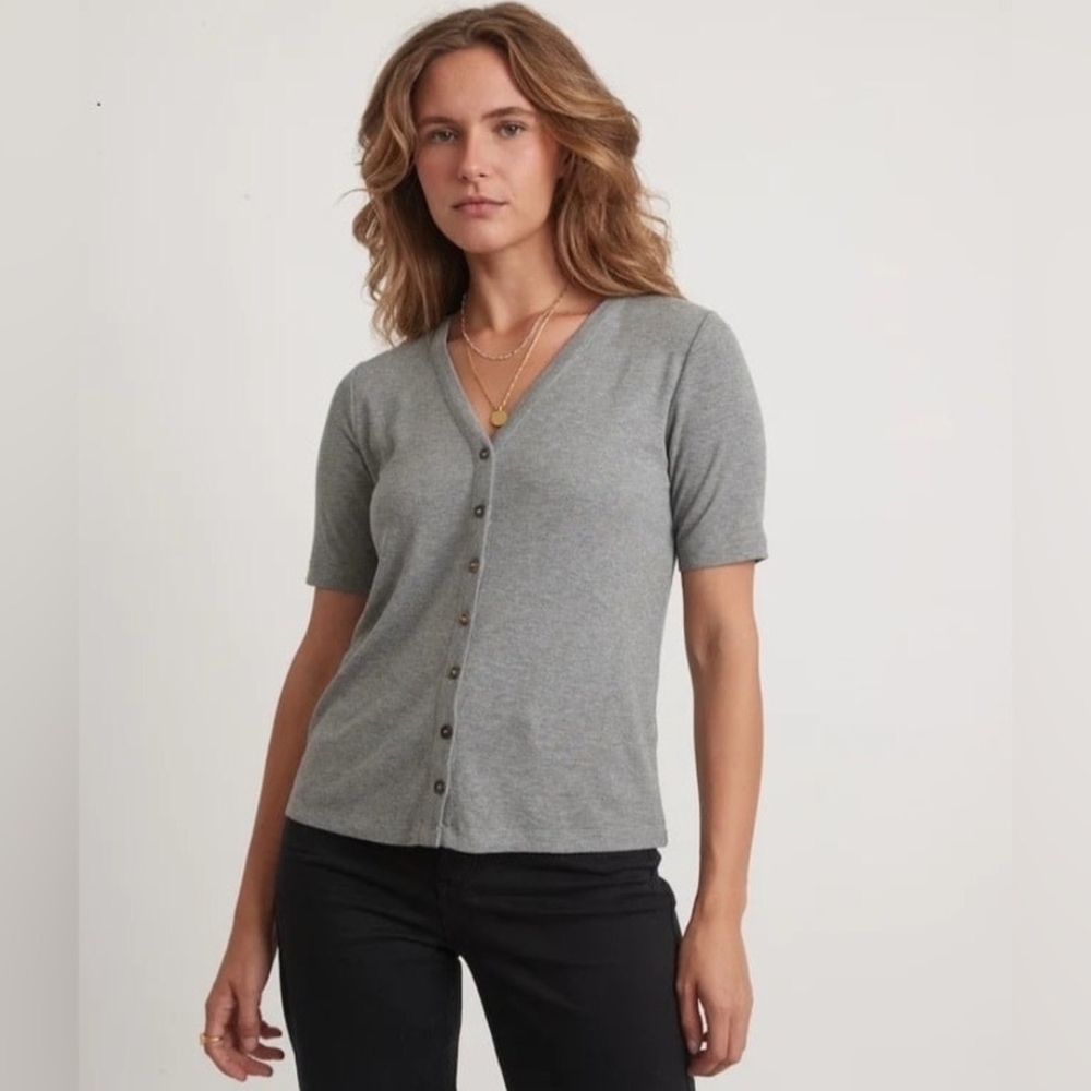 Marine Layer Lexi Rib Gray Button-Down V-Neck Top Women Size XS